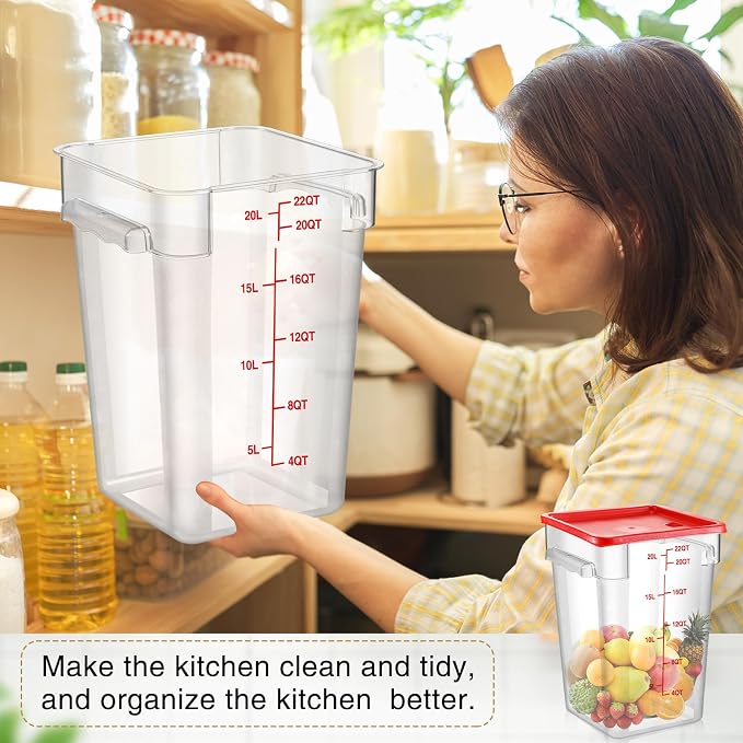 2 Pcs Square Food Storage Container Polycarbonate Clear Food Container with Lid Commercial Rice Storage with Graduations for Commercial Kitchen(22 Qt,Red) - Image 5