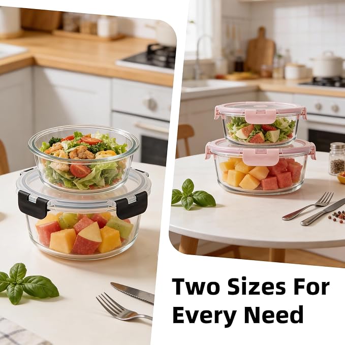 Konokyo Round Glass Food Storage Containers with Lids, Meal Prep, 12 Pack | Airtight Leakproof Meal Prep Containers, BPA-Free, Microwave Oven Freezer & Dishwasher Safe, Assorted Sizes - Image 7