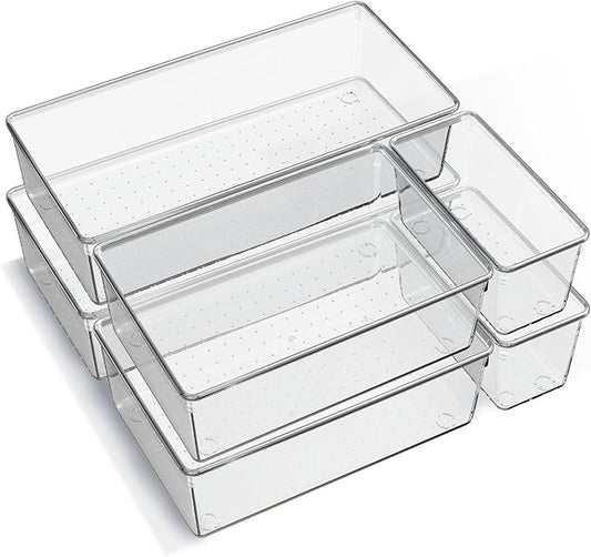 6 Pack Large Clear Plastic Drawer Organizer Trays, Acrylic Kitchen Drawer Organization and Storage Dividers, Non-Slip Storage Bins for Makeup, Kitchen Utensils, Bathroom, Jewelries and Office Desk by Criusia