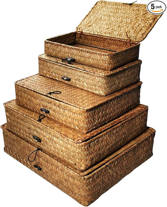 5 Pcs Seagrass Basket with Lid 5 Sizes Decorative Storage Boxes Rattan Wicker Storage Basket with Lids Woven Organizer Baskets Multipurpose Flat Storage Bins for Shelf Closet Bedroom (Brown) by SENONAPO