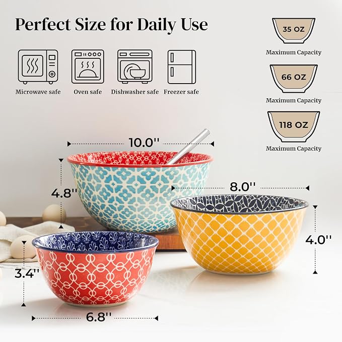 DOWAN Mixing Bowls, Ceramic Mixing Bowls for Kitchen, Colorful Vibrant Nesting Bowls for Cooking, Baking, Prepping, Serving, Salad, Housewarming Gift, Microwave Dishwasher Safe, 3.7/2/1 Qt, Set of 3 - Image 2