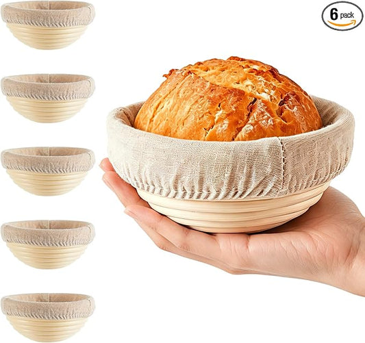 5 Inch Banneton Bread Proofing Basket Set of 6 with Linen Liner Cloth Mini Banneton Basket Proofing Baskets for Traditional Sourdough Bread Bakery Bowls for Professional & Home Bakers by Bornerwhite