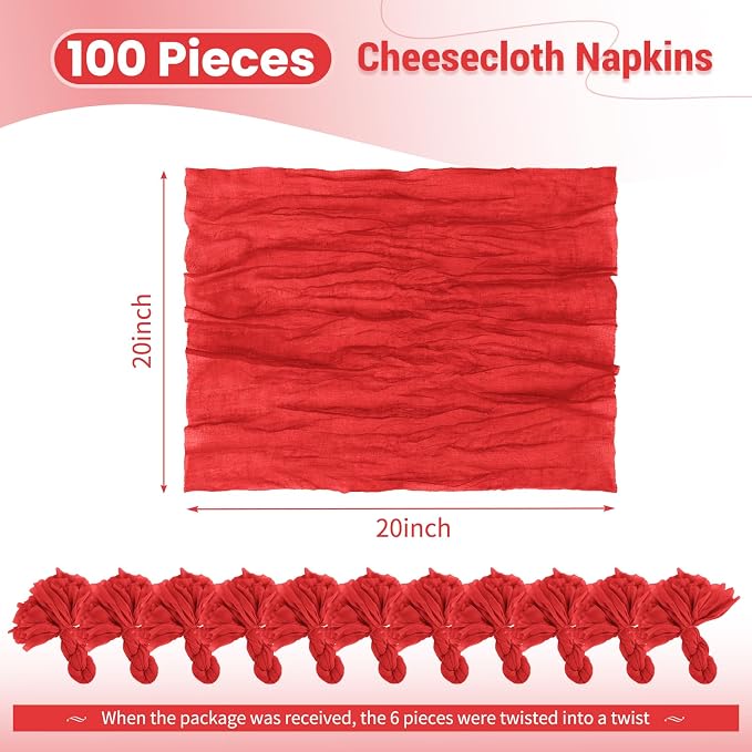 100 Pack Red Cloth Napkins 20x20Inch Cheesecloth Napkins | Elegant Cloth Napkins for Table, Washable Rustic Boho Gauze Napkins, for Wedding Party Bridal Baby Shower Christmas Decor - Image 2