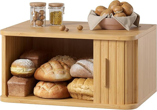 WOWLIVE Roll Top Bread Box for Kitchen Countertop, Bamboo Bread Storage | Airtight Bread Containers, Large Bread Bin with Sliding Door for Loaves, Bagels, Countertop Storage Cabinet, Natural, Medium by WOWLIVE