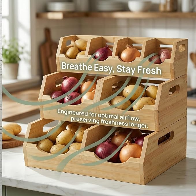 3 Tier Potato and Onion Storage Bin for Pantry | Natural Bamboo Rack Top and Hollow Ventilated Bottom,Eco-Friendly Organizer for Kitchen or Bathroom - Image 2