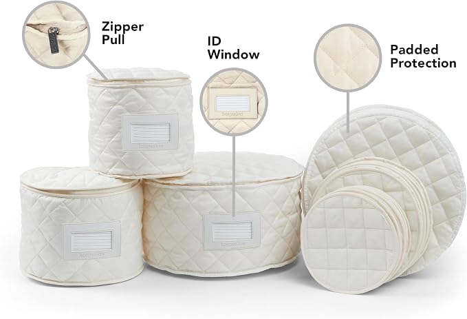 Covermates Keepsakes Dish Storage Set – Padded China & Dinnerware Storage Cases with Dividers, Cup & Stemware Storage, Quilted Polyester Protection, ID Window, Cream - Image 2