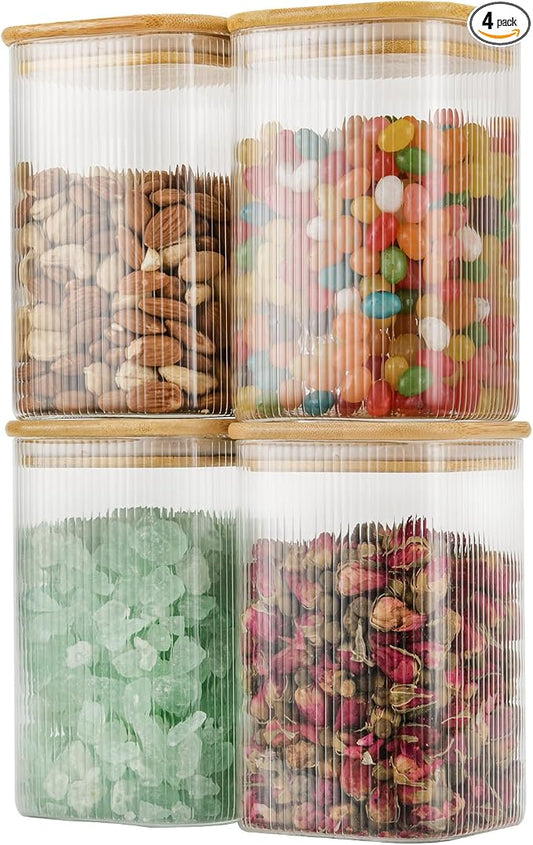 D2scrma 37oz Airtight Glass Square Storage Canisters with Bamboo Lids Set of 4 (1100ml) Striped Stackable Containers, Decorative Kitchen Jars for Tea, Nuts and Coffee (‎with Black Lable) by Delicatedtoservicecustomer