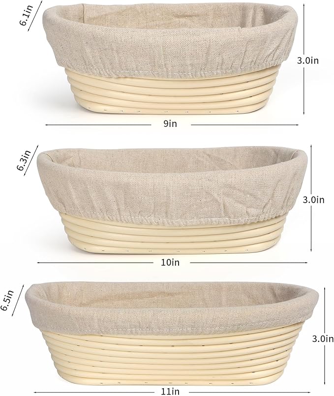 Banneton Bread Proofing Basket Set, 11 Inch Sourdough Proofing Basket and Bread Baking Supplies-Bread Lame, Danish Whisk, Bowl & Dough Scraper, Brush, (Plastic, 9in Oval + 10in Oval+11in) - Image 2