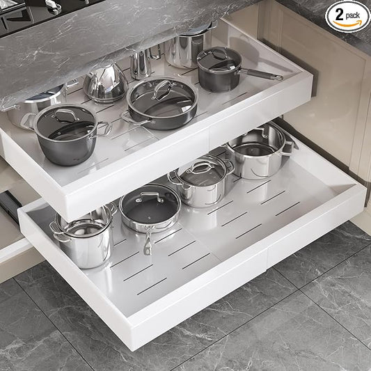 Seinloes 2 Pack Pull Out Cabinet Organizer 19" Deep,Full Extension 3 Slide Rails Slide Out Drawers With Raising Pad for Framed Cabinets,Expandable Width (15.4"-26.2"),No Drill Roll Out shelf,White by Seinloes