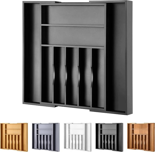 Large Premium Bamboo Silverware Organizer - Expandable Drawer Organizer & Utensil Organizer - 17"x19.7" Cutlery Tray with Dividers for Kitchen Utensils and Flatware (7-9 Slots) (Black) by oridom