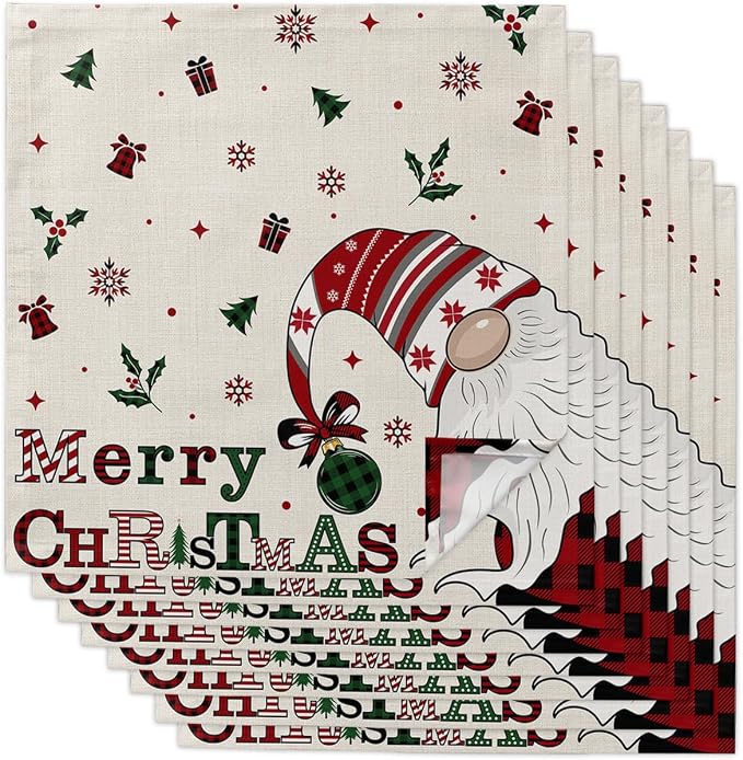 Christmas Cloth Napkins Set of 8, Xmas Gnomes Winter Snowflake Berry Botanical Rustic Dinner Napkins Cloth Washable, Cocktail Napkins Reusable for Wedding, Party, Birthday (20"x20") by Unknown