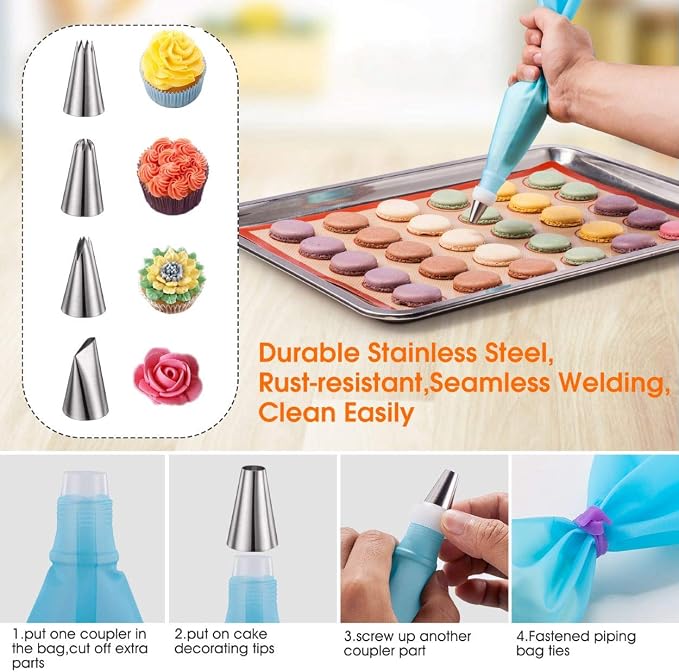 Angadona Macaron Silicone Baking Mats Kit (16pcs set) Macaroon Baking Mat Set of 2 Half Sheet Macaron Silicone Mat Nonstick Macaron Mat Sheet,6 Piping Tip,2 Piping Bag with 3 Bag Tie,2 coupler - Image 5