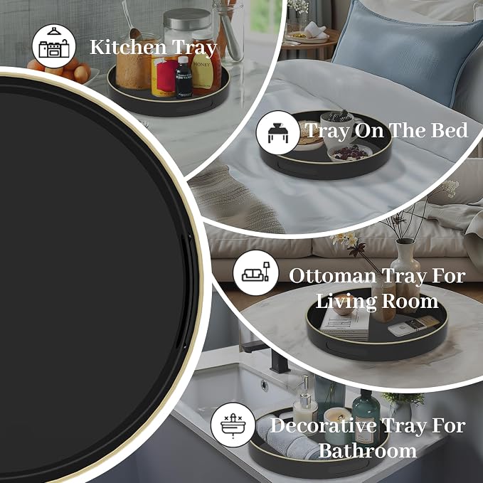13" Black Decorative Tray, Plastic Round Serving Tray with Handles | Decorative Tray for Coffee Table, Modern Ottoman Tray, Circle Tea Tray, Round Melamine Tray for Living Room, Bathroom - Image 7