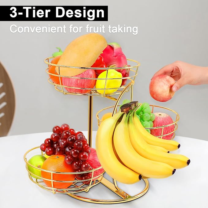 Livabber Fruit Basket Bowl with Banana Hanger, Fruit Vegetable Storage Basket with Banana Tree Holder for Kitchen Counter, Detachable Organizer for Bread Snack Produce (Gold, 3-Tier Metal Base) - Image 7
