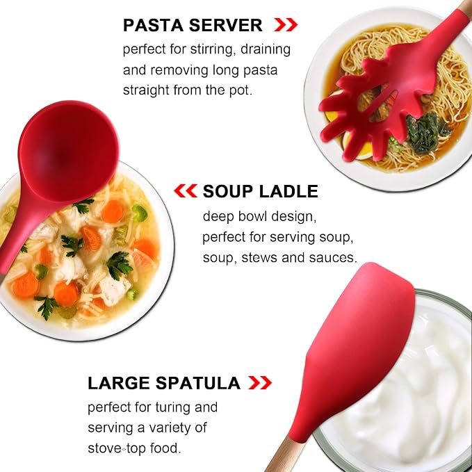 Kitchen Cooking Utensils Set 6Pcs Heat Resistant Silicone Kitchen Utensils Spatula Spoon Turner Ladle w Wooden Handle, BPA FREE Silicone Cooking Tool Gadget Set for Nonstick Cookware & Baking - Image 4