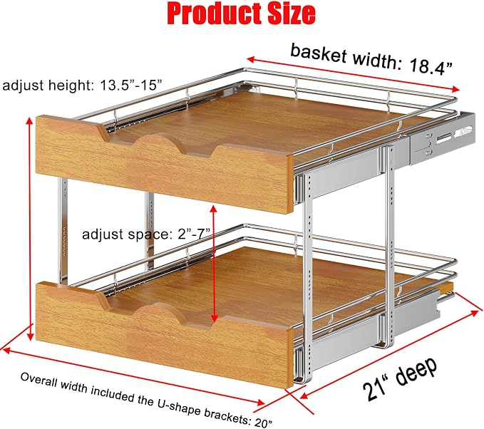 DINDON 2 Tier Pull Out Cabinet Organizer (20" W x 21" D) Slide Out Wood Shelf Double Tier Kitchen Wire Basket with Chrome Finish… - Image 4