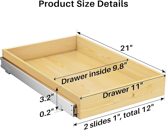 Pull Out Cabinet Organizer, Soft Close Wooden Slide Out Drawers for Pots and Pans, Full-extension Roll Out Shelves for Kitchen Cabinets, Pantry Organization, Bottom & Side Mount(12"W X 21"D x 3.4''H) - Image 2