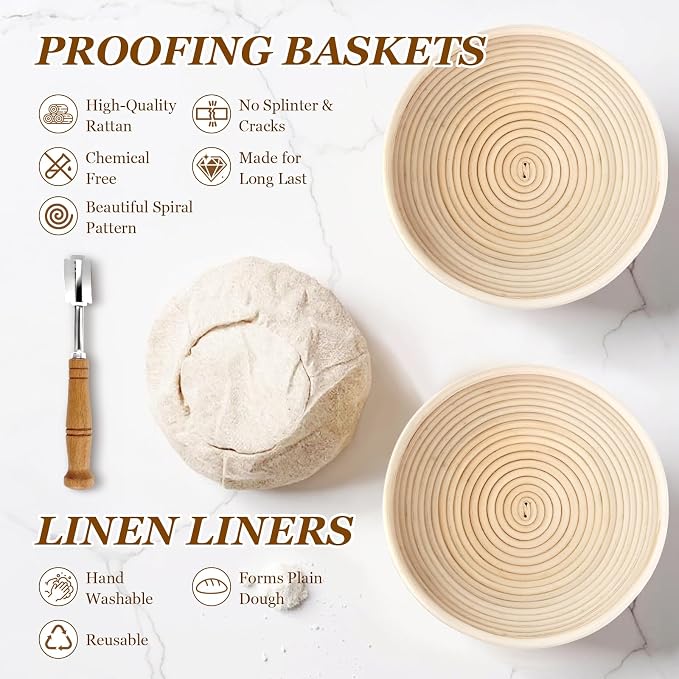 Sourdough Bread Baking Supplies, Sourdough Starter Kit, 2 9 Inch Round Banneton Bread Proofing Basket with 24 Oz Glass Jar, Sour Dough Tools with Danish Dough Whisk & Scraper - Image 6