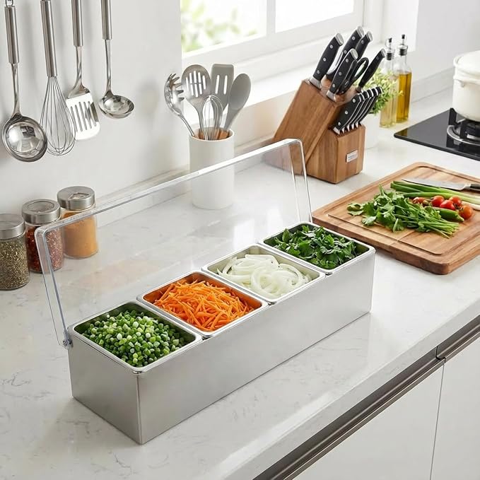 Boao 4 Slot Yakumi Pan Stainless Steel Condiment Tray Garnish Tray with 4 Ice Boxes Condiment Container with Lid for Spring Easter Party Hot Pot Sauce Station Bar Drink Topping Prep Station Supplies - Image 6