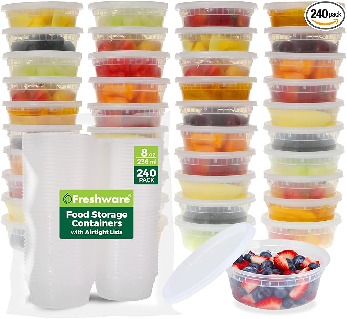 Freshware Food Storage Containers [240 Set] 8 oz Plastic Deli Containers with Lids, Slime, Soup, Meal Prep Containers, BPA Free, Stackable, Leakproof, Microwave, Dishwasher and Freezer Safe by Freshware