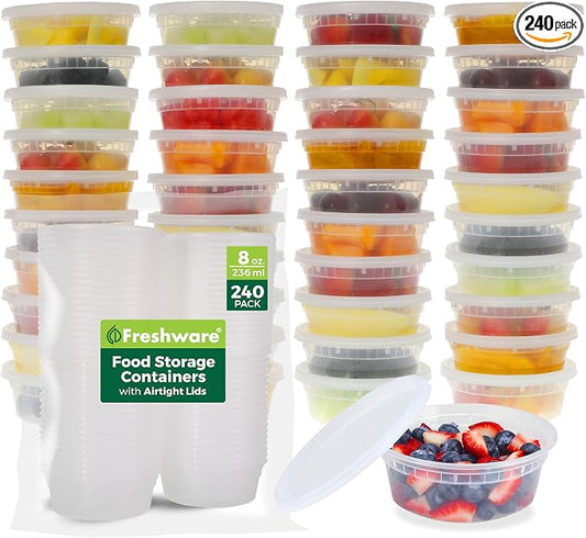 Freshware Food Storage Containers [240 Set] 8 oz Plastic Deli Containers with Lids, Slime, Soup, Meal Prep Containers | BPA Free | Stackable | Leakproof | Microwave/Dishwasher/Freezer Safe by Freshware