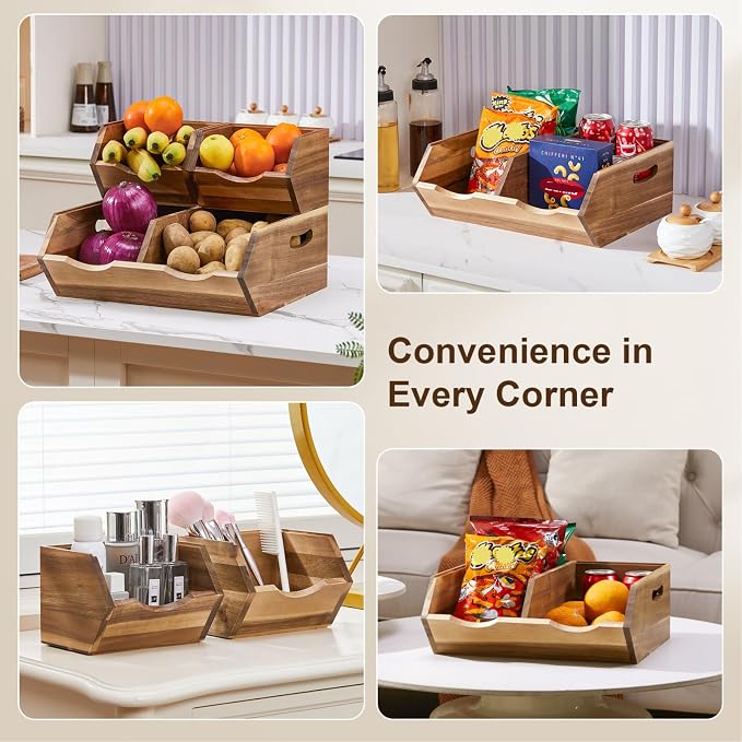 Acacia Wood Pantry Storage Bins, Stackable Storage Baskets Potato and Onion Storage Bins, Pantry Organizer Wooden Baskets Organization and Storage, Set 3 Pieces - Image 6