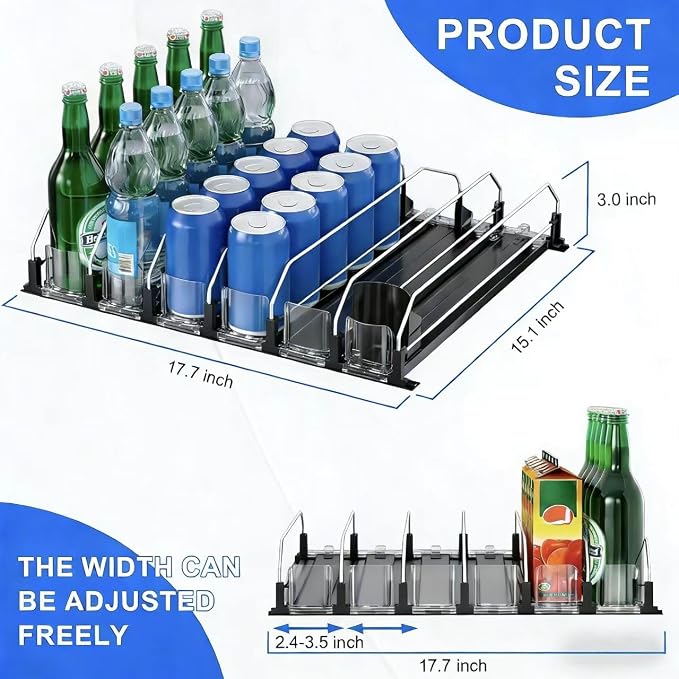6 Rows Black Drink Organizer for Fridge, 3rd Gen Refrigerator Organizers and Storage, Automatic Pusher Glide and Adjustable Width Can Organizer for Refrigerator - Holds up to 30 Cans - Image 3