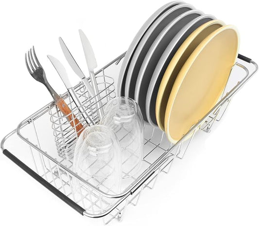 Sink Dish Drainer Rack, Expandable Stainless Steel Dish Drying Rack | 304 Stainless Steel Sink Rack with Utensil Holder, Adjustable 14.96"-20.59", Fits Inside Sink, Holds Up to 7 Upright Utensils by BTLATHA