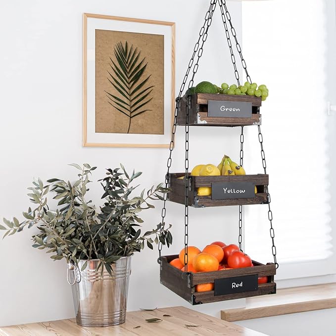 J JACKCUBE DESIGN 3-Tier Rustic Wood Hanging Fruit Basket, Kitchen Fruit, Vegetable Storage Organizer, Countertop Space Saver- Heavy Duty Metal Hooks- MK1008A - Image 2