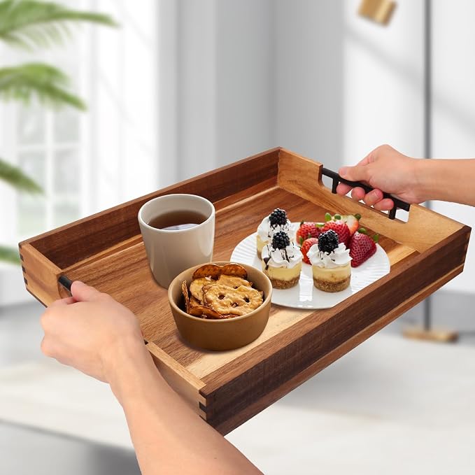 2 PCS Acacia Wood Serving Tray with Black Handles - 13 x 17 inches Premium Wooden Tray for Ottoman and Coffee Table Tray, Home Decor, Kitchen - Image 5