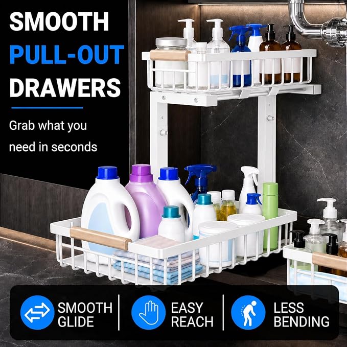 Under Sink Organizer 2 Pack, Double Slide Out Metal Shelf, White | Pull Out Kitchen Storage Cabinet Organizer, 2-Tier Under Sink Storage Rack for Bathroom Laundry Kitchen Storage with Drawer - Image 6
