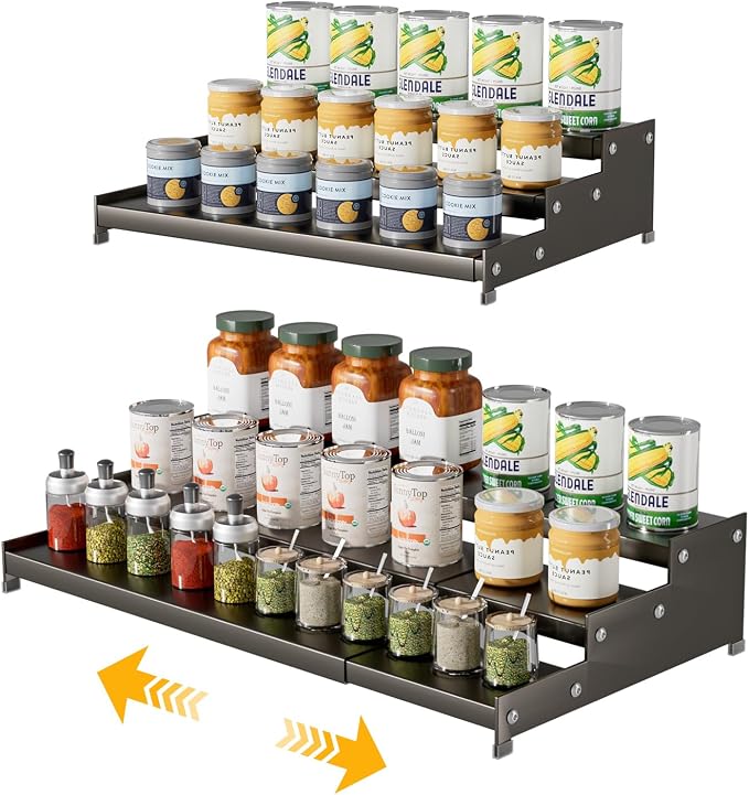 Expandable Carbon Steel Spice Rack Organizer for Pantry, Adjustable 3-Tier Ladder Shelf,Holds Up to 24 Cans,Kitchen Countertop Organizer, Rustproof Storage Rack for Spices, Cans, Sauces & Dry Goods - Image 2