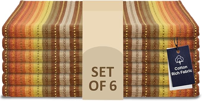 LFH Home Cotton Rich Cloth Salsa Napkin Set of 6 Washable Soft Durable Striped Table Napkins for Dining Wedding, Daily Use Reusable Eco-Friendly Napkins for Elegant Table Settings(18x18)-Orange by LFHHomePrivateLimited