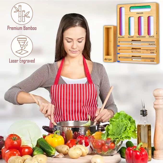 9-in-1 Bamboo Storage Bag Organizer with Cutter, Kitchen Drawer & Wall Mount Storage for Foil, Plastic Wrap, Gallon, Quart, Sandwich, Snack & Freezer Bags, Fits Rolls ≤12” Long, ≤2” Diameter - Image 4