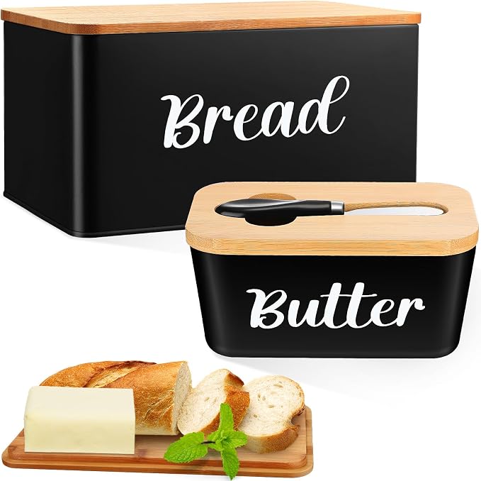 Hushee Metal Bread Box and Butter Dish with Bamboo Cutting Board Lid and Knife Bread Storage Container Breadbox for Kitchen Counter Butter Organizer for Kitchen Countertop Decoration(Black) by Hushee