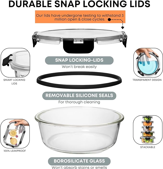 Razab 30 PC Glass Food Storage Containers with Lids - Reusable Glass Meal Prep Containers for Lunch and Leftovers - Airtight & Leakproof Snap Locking Lids - Oven, Freezer, Microwave, Dishwasher Safe - Image 3