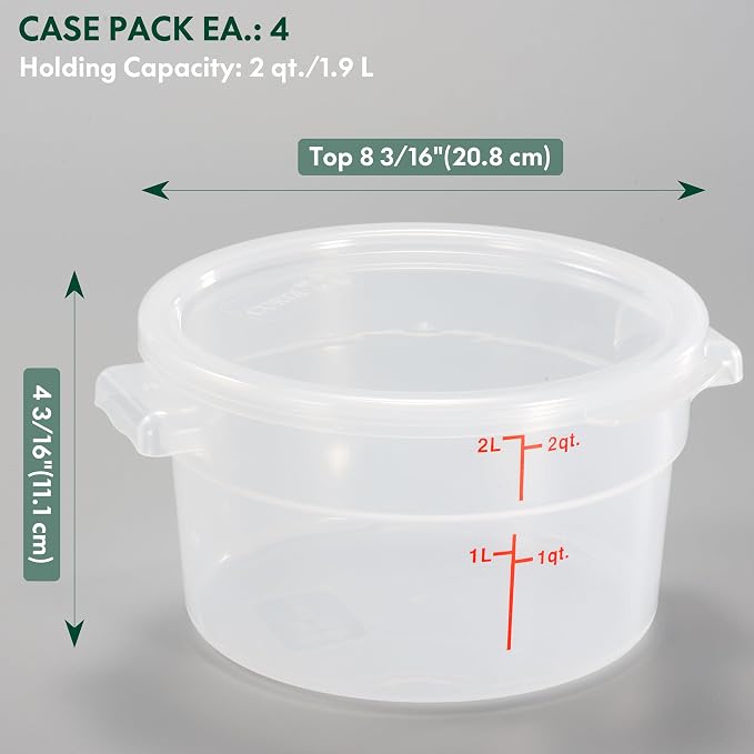 2 Quart Translucent Round Food Storage Container with Lid, Pack of 4 – NSF Listed, BPA-Free, Commercial-Grade Polypropylene, Freezer & Dishwasher Safe, Non-Stick, Easy-Read Graduations - Image 2