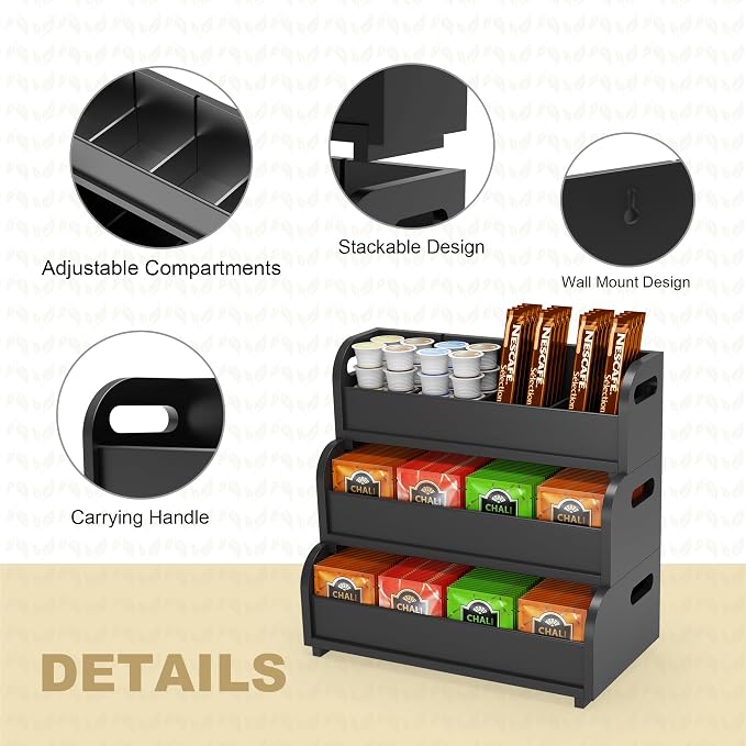 3-Tier Bamboo Tea Bag Organizer, Stackable Tea Holder for Countertop, Black | Tea Box Rack with Removable Dividers, Wall Mount Large Capacity for Pantry Drawer Cabinet Kitchen Office Coffee Station - Image 5