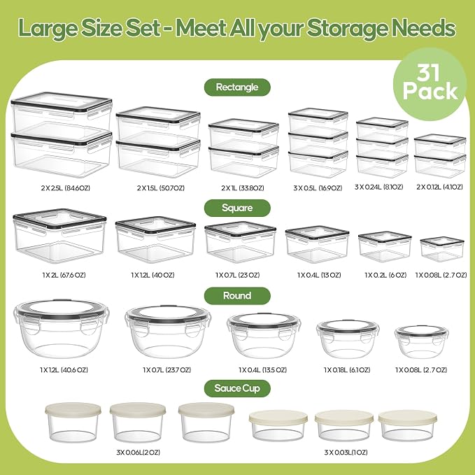 JSCARES 62 PCS Large Food Storage Containers with Lids Airtight (31 Lids & 31 Containers)- Reusable Plastic Leakproof Meal-Prep Container for Kitchen Storage Organization Microwave/Dishwasher Safe - Image 2