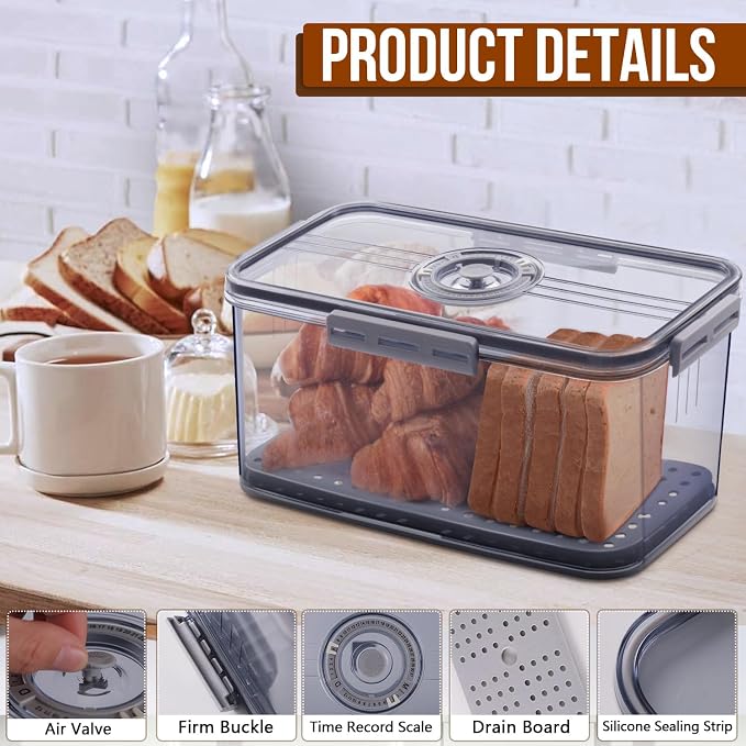 Gifhomfix Bread Box Bread Boxes for Kitchen Counter Airtight, Time Recording Bread Storage Container with Lid, Bread Keeper for Homemade Bread, Toast, Bagel, Donut and Cookies, LARGE Grey - Image 3