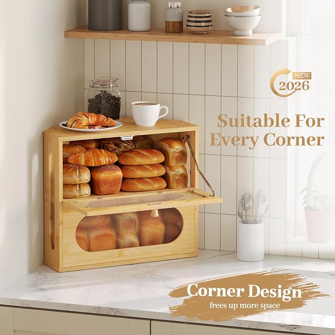 Corner Bread Box for Kitchen Countertop, 2026 New Double Layer Bamboo Bread Storage Bin, Large Bread Container for homemade bread (Natural) - Image 2