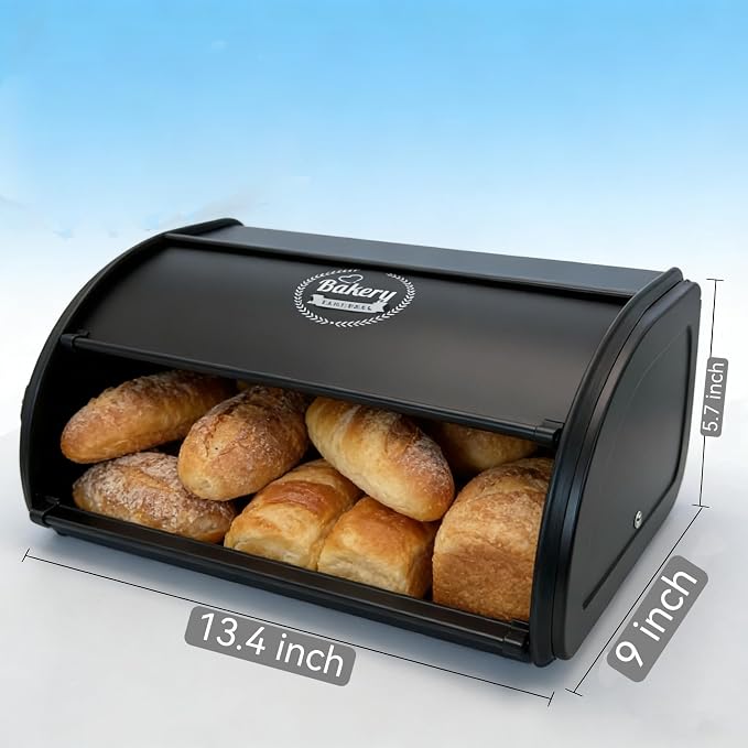 Vintage Roll-Top Bread Box, Black Stainless Steel Farmhouse | Small Metal Bread Bin Storage Container Kitchen Countertop Homemade Sourdough Loaf Roll Top - Image 2