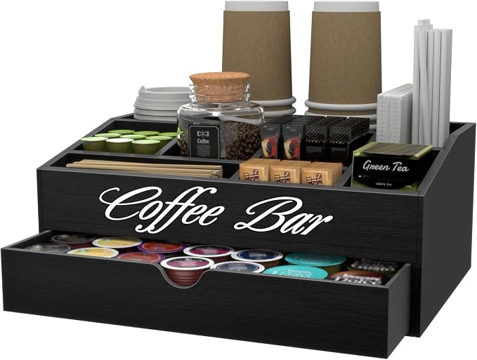 Suli 2-Tier Coffee Bar Station Organizer for Countertop,Extra large | Coffee Storage Basket for Kitchen Counter,Office,Hotel,Pod Holder with Drawer for Condiment Syrup,Tea Cup,Wooden,Rustic Black by Suli