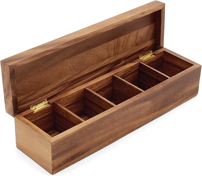 Ironwood Gourmet Large 5 Compartment Tea Box, Acacia Wood Tea Bag Organizer With Lid | Store & Display Tea Bag Collections | Beautiful Acacia Wood Tea Storage Box With Lid | Great For Jewelry and Arts & Crafts by Ironwood