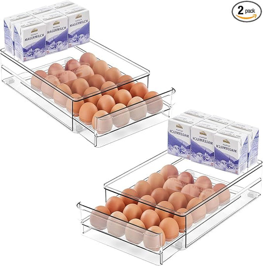 24 Capacity Egg Holder for Refrigerator, Egg Drawer for Fridge Pull Out Egg Storage Container with Non-Slip Pads Clear Egg Tray Egg Organizer - 2 Pack by vacane