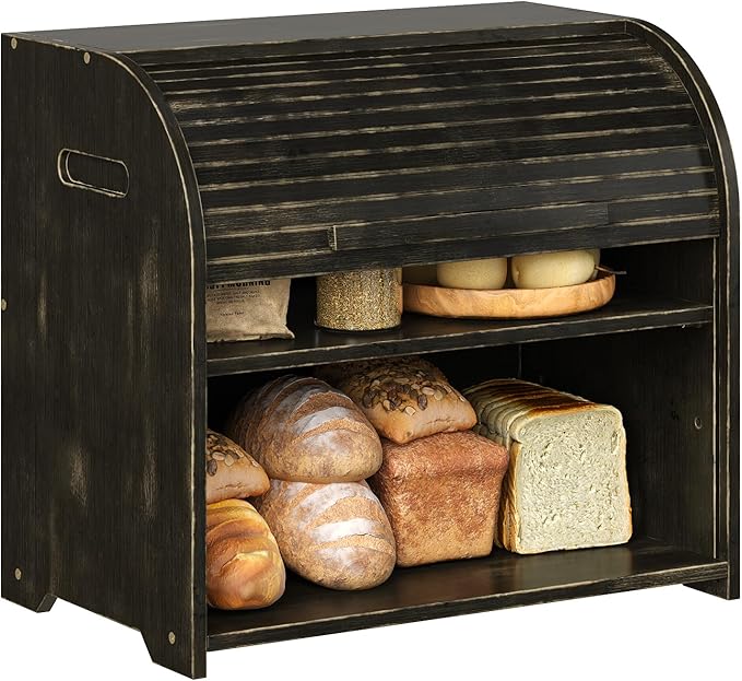 Trironsun Bamboo Roll Top Bread Box for Kitchen Countertop Large Capacity Bread Storage Bin 2 Layer Wooden Bread Storage Organizer Natural Breadbox for Food Storage (Antique Black) by TrironsunHome