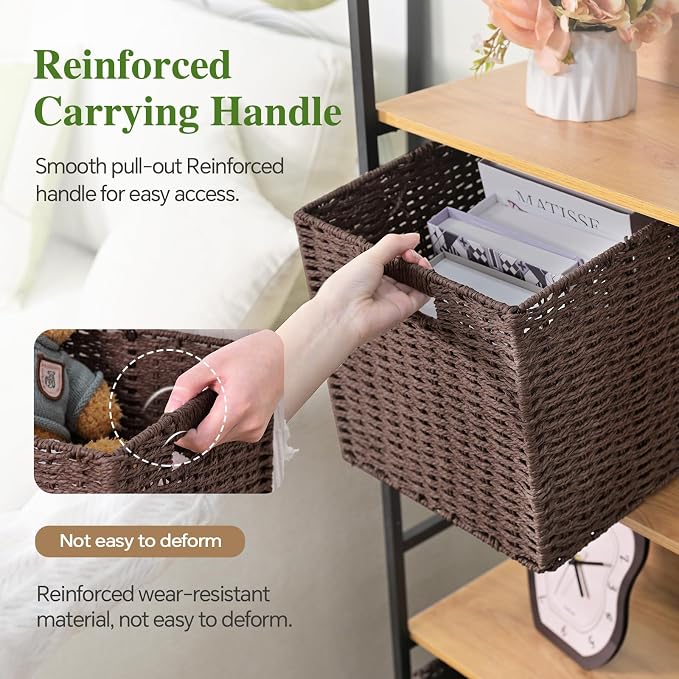 Patvingot 11-Inch Paper Rope Wicker Basket with Built-In Handles,2 Pack | For books, throws and accessories on open shelves, decorative woven texture, metal frame supports the shape, folds flat - Image 3
