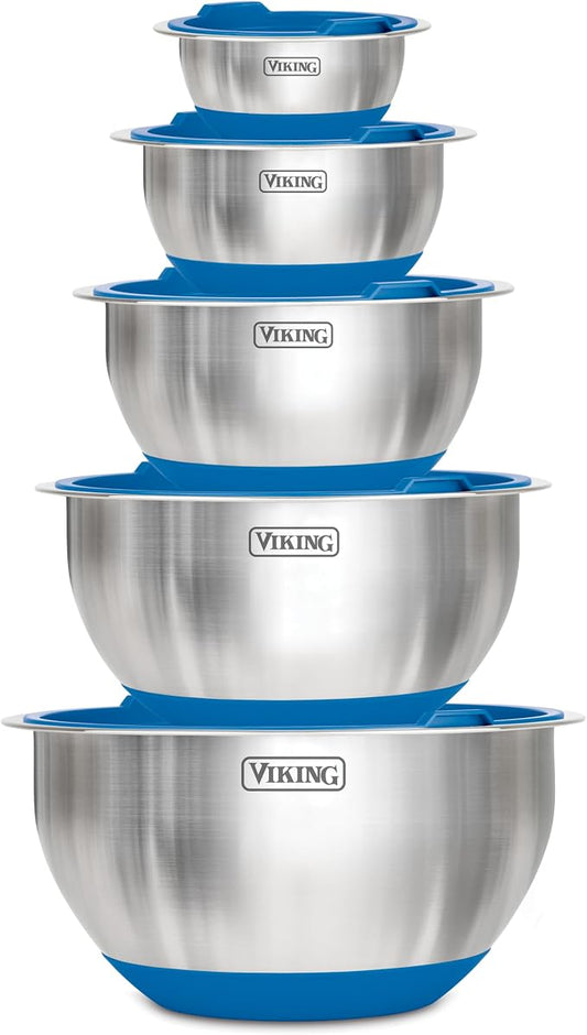 Viking Mixing Bowls Set, 10 Piece Stainless Steel Kitchen Cookware, Non-Slip Silicone Base, Includes Tight Fit Lids, Dishwasher Safe, Blue by Unknown