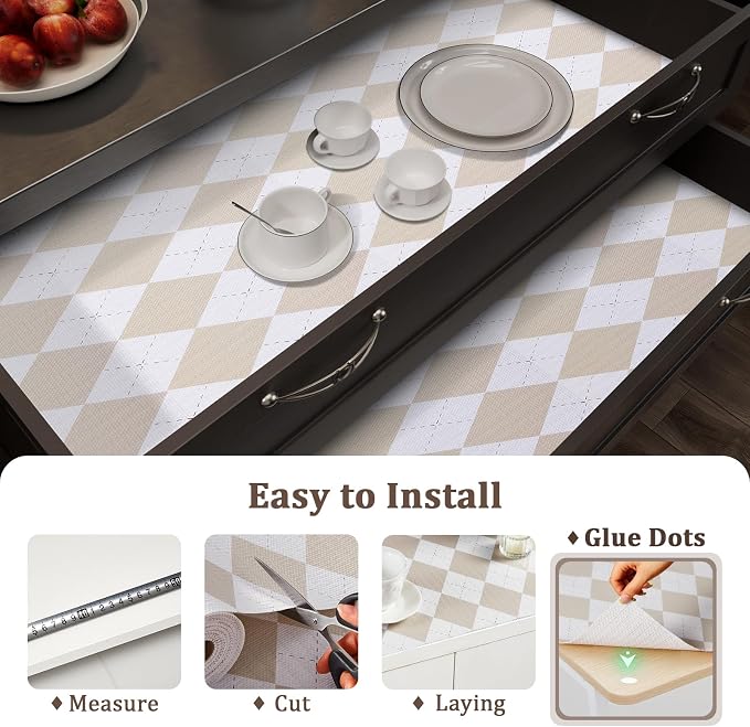 Shelf Liner for Kitchen Cabinets and Drawers, 12" x 120" | Beige Diamond, Non-Adhesive Design, Waterproof & Non-Slip Protection, Easy Cut to Fit, Washable and Reusable, Pantry Storage - Image 9