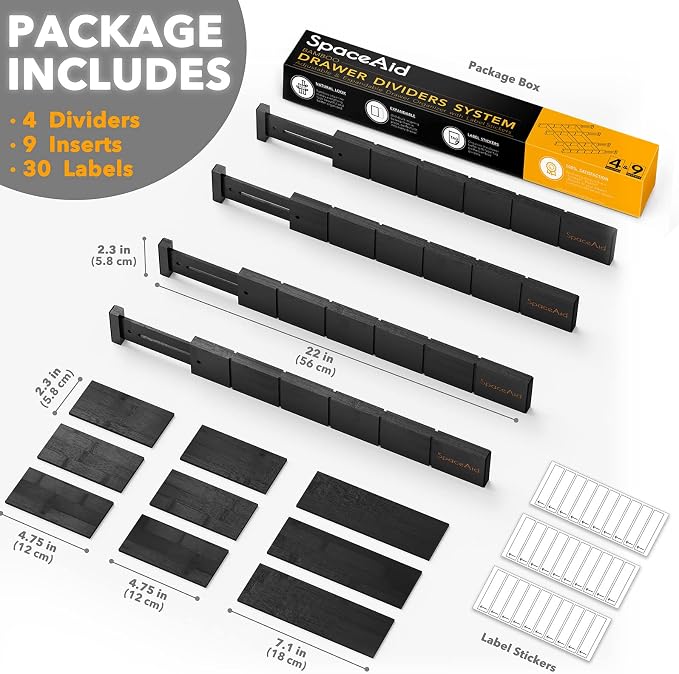 SpaceAid Bamboo Drawer Dividers with Inserts and Labels, Kitchen Adjustable Drawer Organizers, Expandable Organization for Home, Office, Dressers, 4 Dividers with 9 Inserts (17"-22" Black) - Image 4